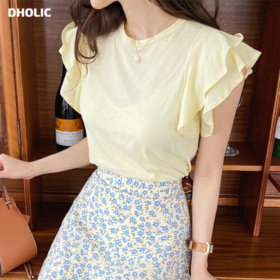 フリルスリーブTシャツ・全4色・t57450 レディース 【tops】 韓国ファッション トップス Tシャツ 半袖 デイリー ルーズ ラウンドネック フリル カジュアル 細身 二の腕カバー 夏 春