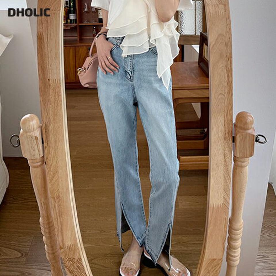 【只今10%OFF】スリットロングデニムパンツ・全1色・t57469 レディース 【pt】【韓国 ファッション ボトムス ロング ロングパンツ デニム 美脚 スリム フィット スリット ハイウエスト 足長 ストレート 大人 10分丈 体型カーバー 細身 夏 春】