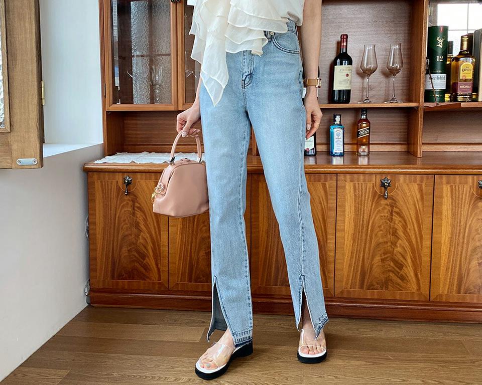 【只今10%OFF】スリットロングデニムパンツ・全1色・t57469 レディース 【pt】【韓国 ファッション ボトムス ロング ロングパンツ デニム 美脚 スリム フィット スリット ハイウエスト 足長 ストレート 大人 10分丈 体型カーバー 細身 夏 春】