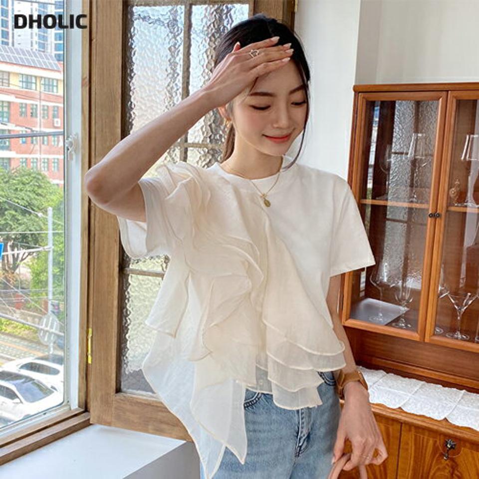 サイドシフォンラッフルTシャツ・全3色・b57474 レディース 【tops】【韓国 ファッション トップス Tシャツ 半袖 シフォン ラッフル ラウンドネック 異素材 体型カーバー カジュアル 細身 フェミニン 夏 春】