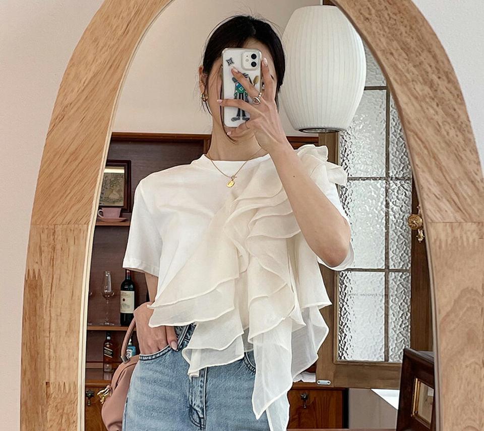 サイドシフォンラッフルTシャツ・全3色・b57474 レディース 【tops】【韓国 ファッション トップス Tシャツ 半袖 シフォン ラッフル ラウンドネック 異素材 体型カーバー カジュアル 細身 フェミニン 夏 春】