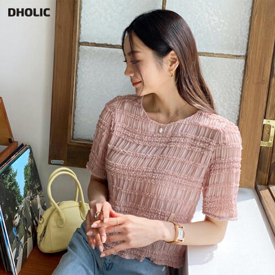 リンクルフリルブラウス・全3色・t57475 レディース 【bl】【韓国 ファッション トップス ブラウス 半袖 ラブリー リンクル ユニーク ラウンドネック フリル フェミニン ボリューム 体型カバー スリム 細身 夏 春】