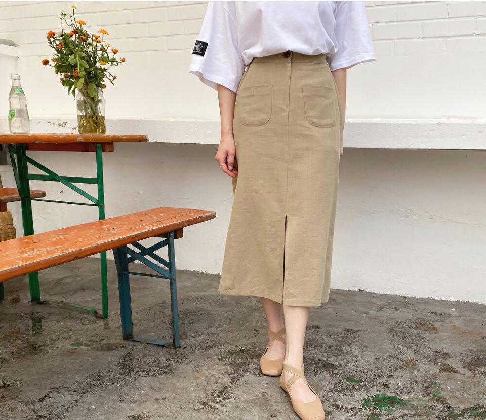 Hラインポケットスカート・全4色・t57466 レディース 【sk】 韓国 ファッション ボトムス スカート ロング ロングスカート フェミニン ポケット スリット カジュアル 大人 体型カバー 細身 スリム ベーシック 夏 春
