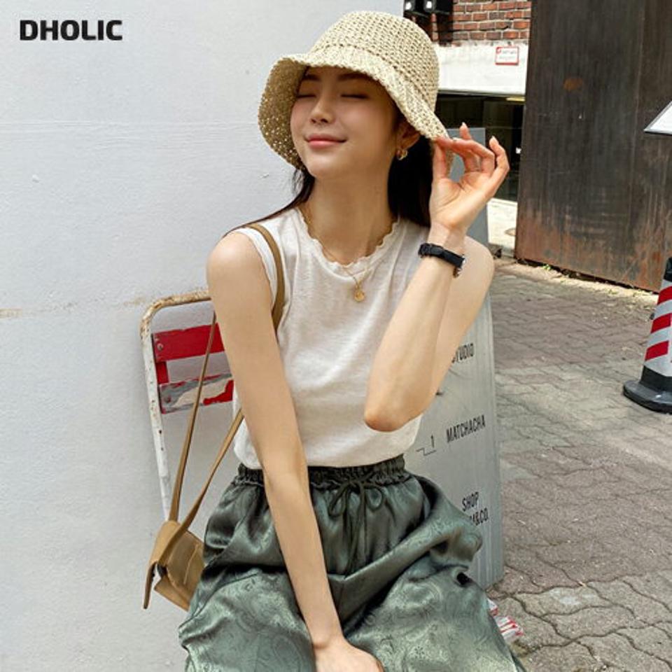 リネン混ウェーブスリーブレス・全4色・b57447 レディース 【tops】【韓国 ファッション トップス Tシャツ スリーブレス ノースリーブ デイリー ルーズ ラウンドネック ゆったり 体型カーバー カジュアル 細身 夏 春】