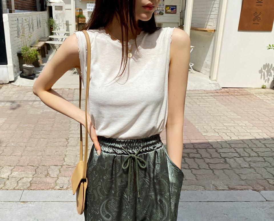 リネン混ウェーブスリーブレス・全4色・b57447 レディース 【tops】【韓国 ファッション トップス Tシャツ スリーブレス ノースリーブ デイリー ルーズ ラウンドネック ゆったり 体型カーバー カジュアル 細身 夏 春】