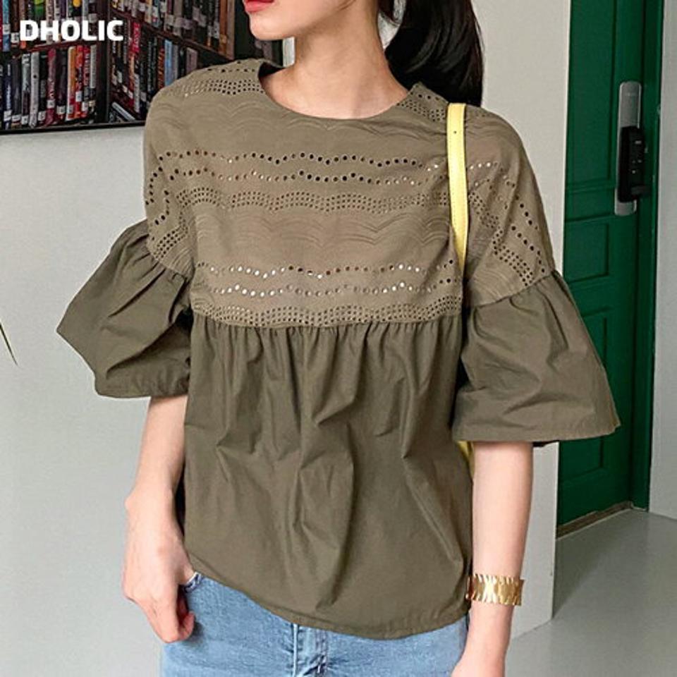 【全品10%OFF】レースコントラストブラウス・全3色・b68642 レディース 【bl】【トップス ブラウス 半袖 ハーフスリーブ レース コントラスト フェミニン 可愛い かわいい アイレット 春 夏 韓国 ファッション】【ハイホリHIHOLLI】