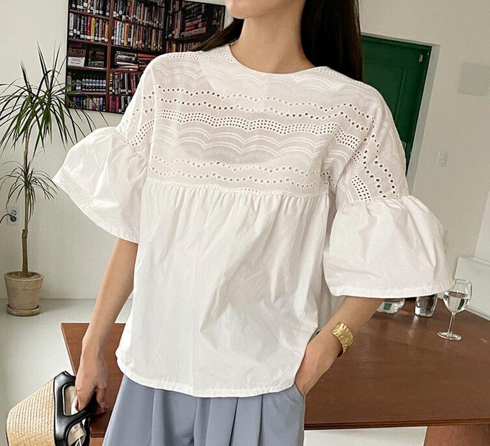 【全品10%OFF】レースコントラストブラウス・全3色・b68642 レディース 【bl】【トップス ブラウス 半袖 ハーフスリーブ レース コントラスト フェミニン 可愛い かわいい アイレット 春 夏 韓国 ファッション】【ハイホリHIHOLLI】