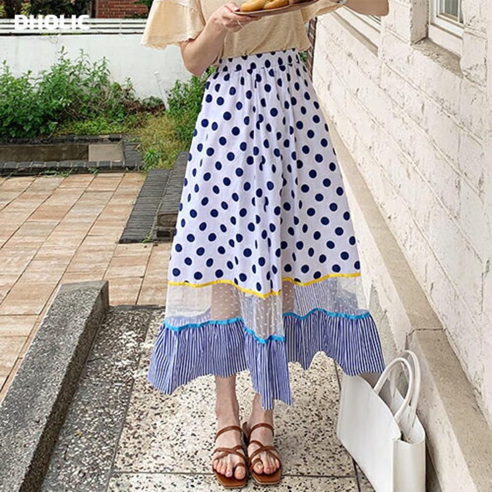 【全品10%OFF】ドットストライプスカート・全2色・b62159 レディース 【sk】【韓国 ファッション ボトムス スカート ロング ロングスカート フェミニン ドット レース ガーリー ストライプ フリル フレア 異素材 体型カバー 細身 スリム 夏 春】