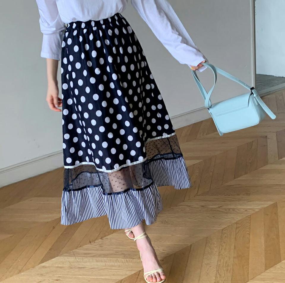 【全品10%OFF】ドットストライプスカート・全2色・b62159 レディース 【sk】【韓国 ファッション ボトムス スカート ロング ロングスカート フェミニン ドット レース ガーリー ストライプ フリル フレア 異素材 体型カバー 細身 スリム 夏 春】