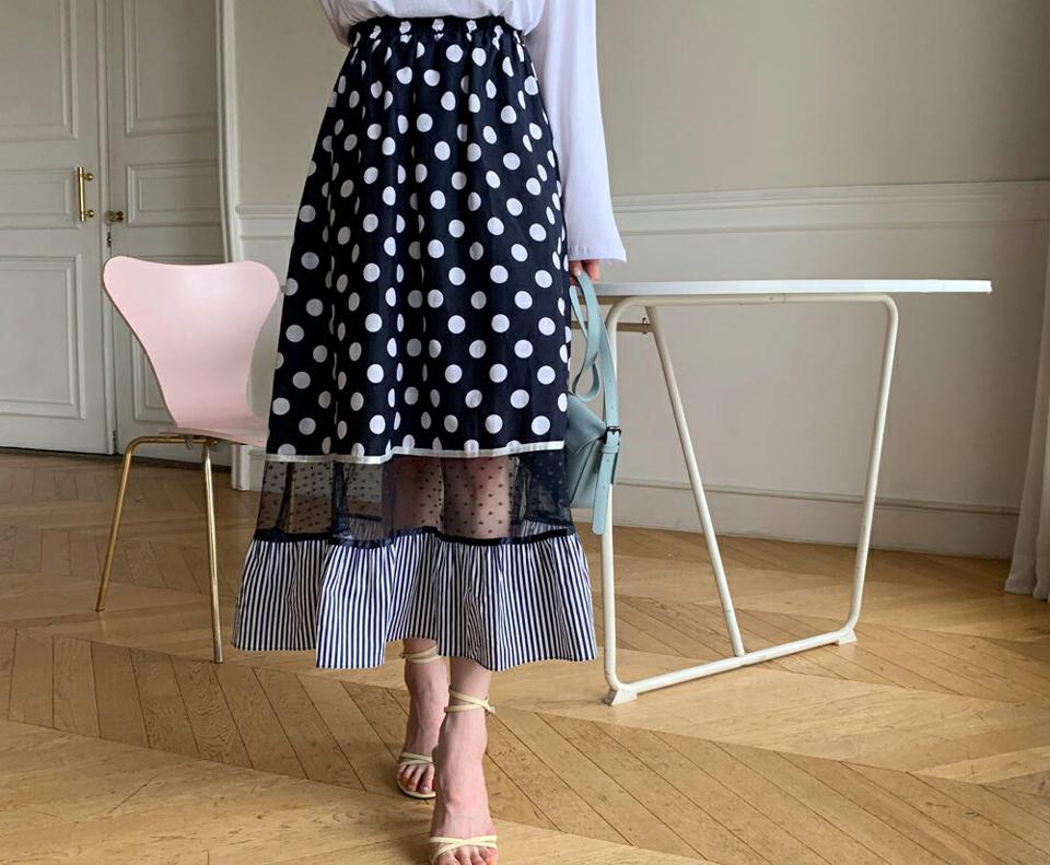 【全品10%OFF】ドットストライプスカート・全2色・b62159 レディース 【sk】【韓国 ファッション ボトムス スカート ロング ロングスカート フェミニン ドット レース ガーリー ストライプ フリル フレア 異素材 体型カバー 細身 スリム 夏 春】