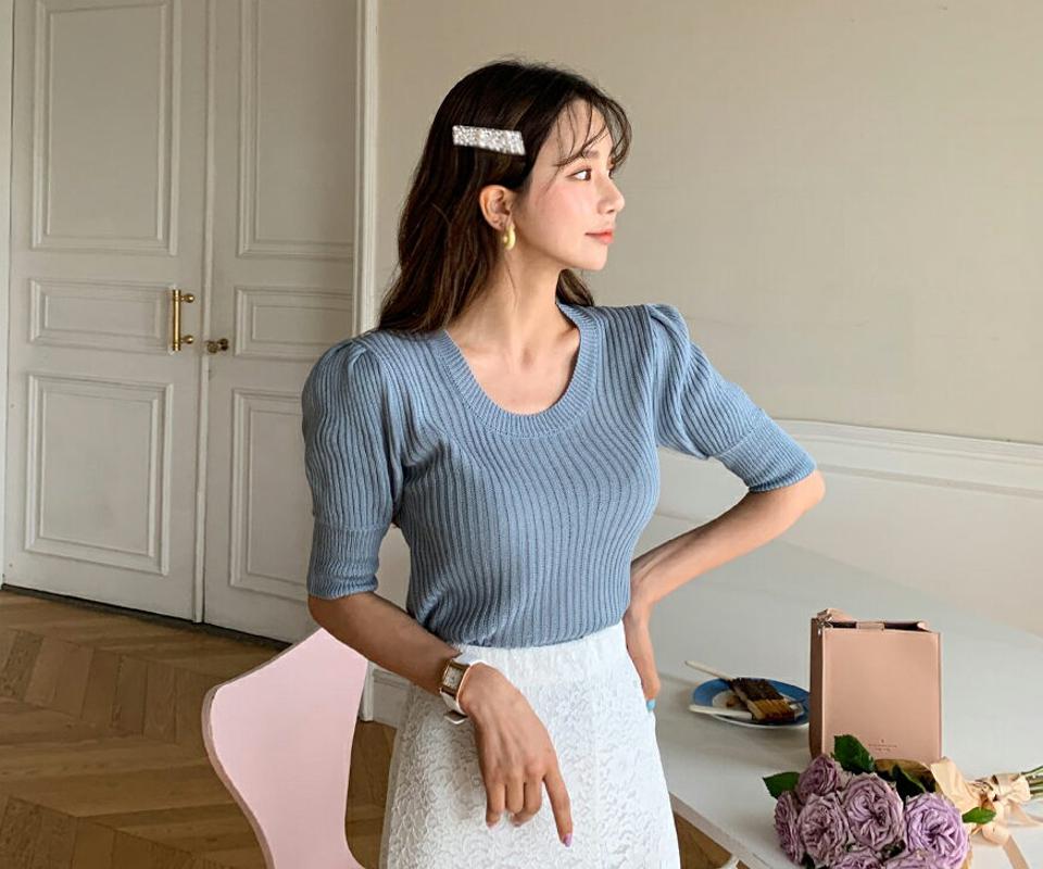 リブパフスリーブニット・全7色・b62141 レディース 【tops】 韓国ファッション トップス ニット 半袖 デイリー リブ Uネック メリハリ ラウンドネック 細身 フェミニン 上品 ベーシック 夏 春