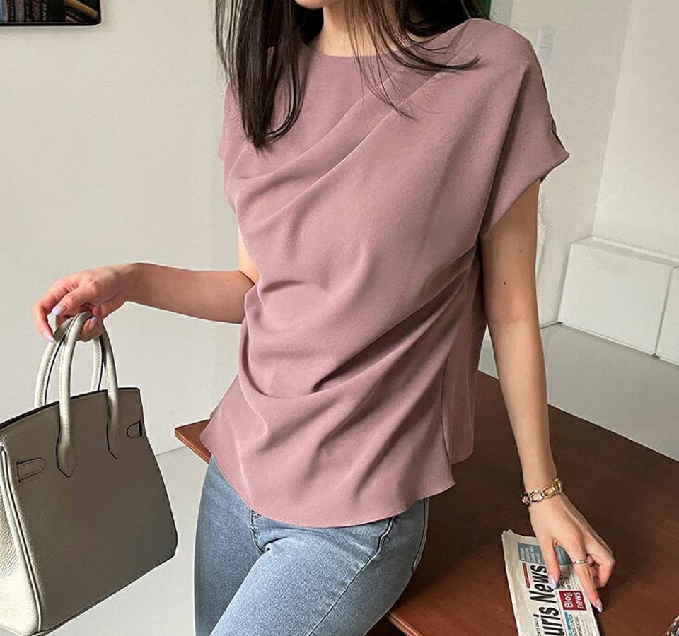ドレープフレンチスリーブブラウス・全3色・t68641 レディース 【bl】 トップス ブラウス フレンチスリーブ ショートスリーブ ドレープ 単色 無地 シンプル フェミニン 大人 春 夏 韓国 ファッション ハイホリHIHOLLI