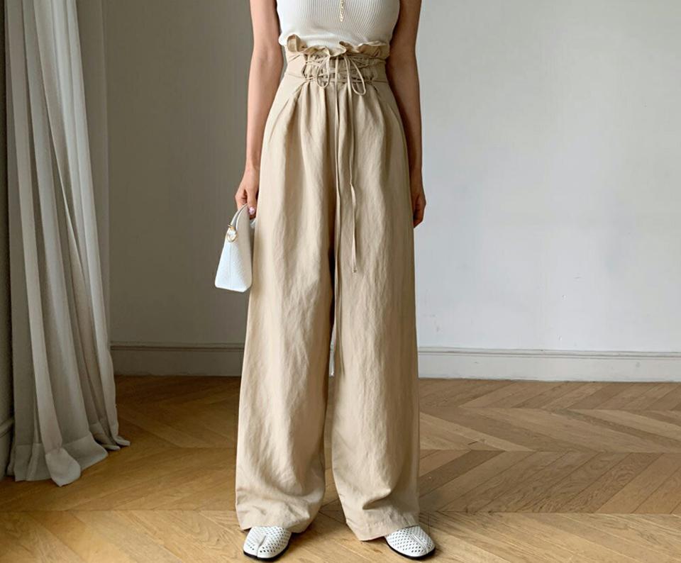 リネン混レースアップパンツ・全2色・b62175 レディース 【pt】 韓国 ファッション ボトムス ロング ロングパンツ 美脚 リネン ハイウエスト ゴム ロールアップ レースアップ ワイド 大人 10分丈 体型カーバー 細身 夏 春