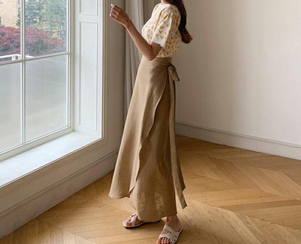 リネン混ラップスカート・全5色・t62165 レディース 【sk】 韓国ファッション ボトムス スカート ロング ロングスカート フェミニン リネン ラップ Aライン リボン スリム フィット 夏 春210