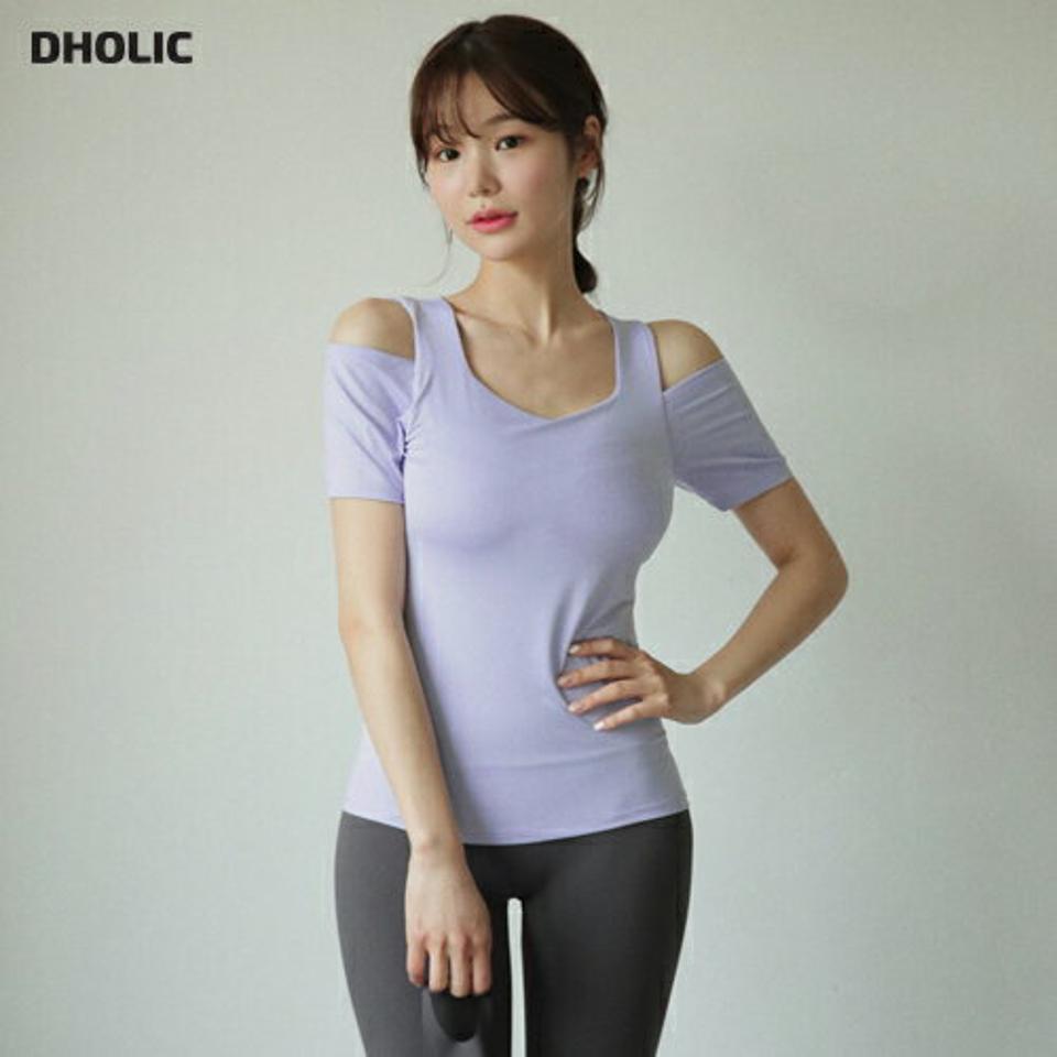 ショルダースリットTシャツ・全4色・b44640 レディース 【tops】 韓国 ファッション トップス Tシャツ 半袖 デイリー Vネック オープンショルダー フィットネス スポーツウェア ボディメイク エクササイズ ヨガウェア ランニング 運動 夏 春