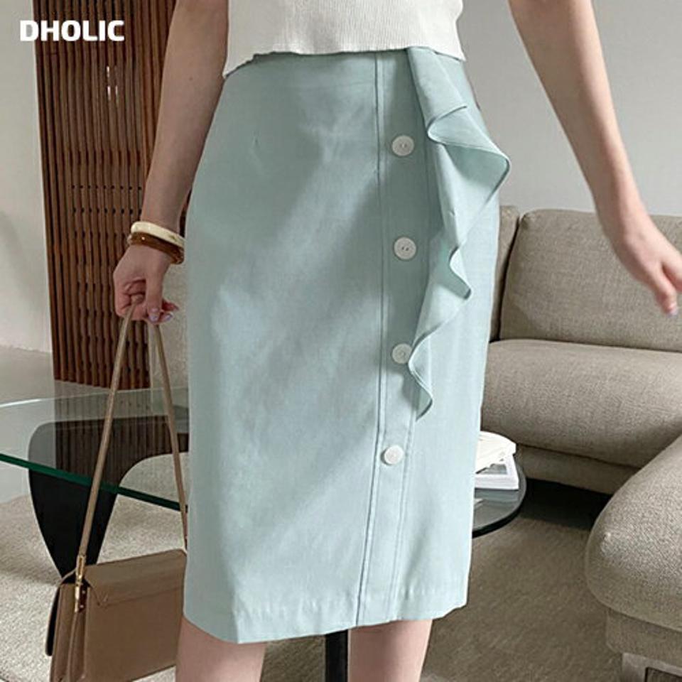 ボタンフリルHラインスカート・全4色・t68771 レディース 【sk】 スカート ミディ丈 ミディスカート Hライン フリル シンプル かわいい 可愛い 春 夏 秋 韓国 ファッション ハイホリHIHOLLI