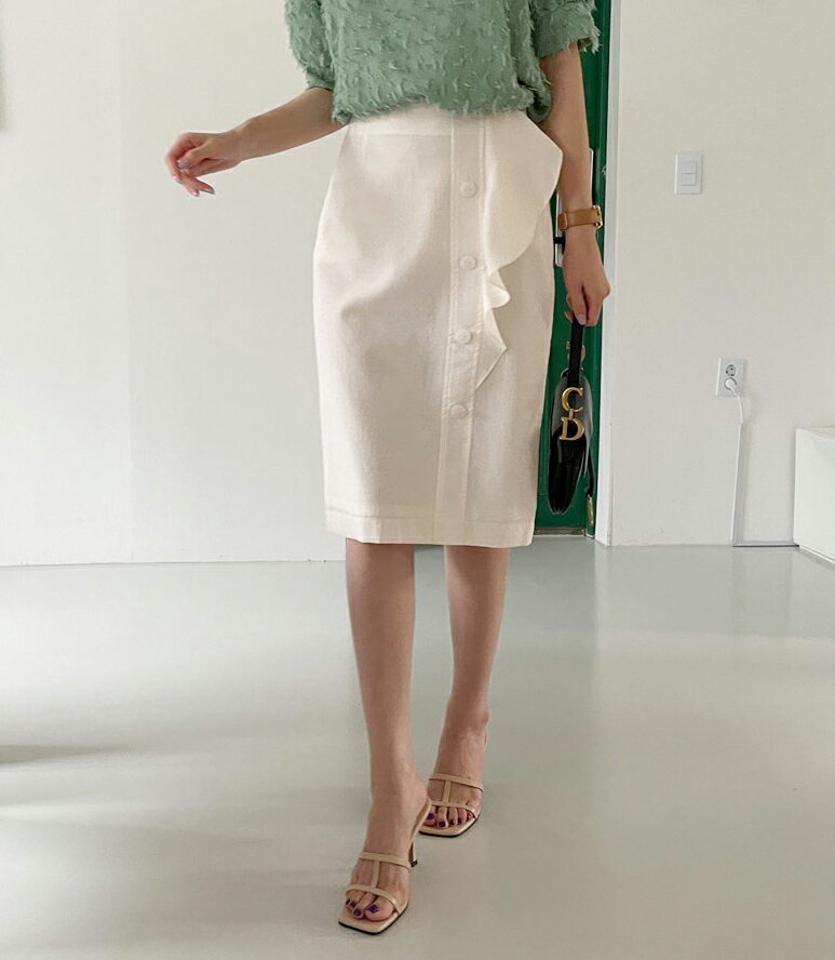 ボタンフリルHラインスカート・全4色・t68771 レディース 【sk】 スカート ミディ丈 ミディスカート Hライン フリル シンプル かわいい 可愛い 春 夏 秋 韓国 ファッション ハイホリHIHOLLI