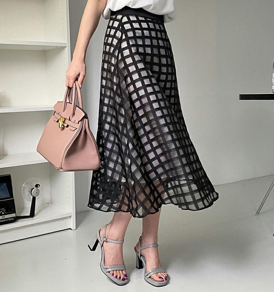 チェックシアースカート・全2色・b68630 レディース 【sk】 スカート ロングスカート ロング チェック柄 シアー シースルー 透け感 ユニーク 個性的 春 夏 秋 韓国 ファッション ハイホリHIHOLLI