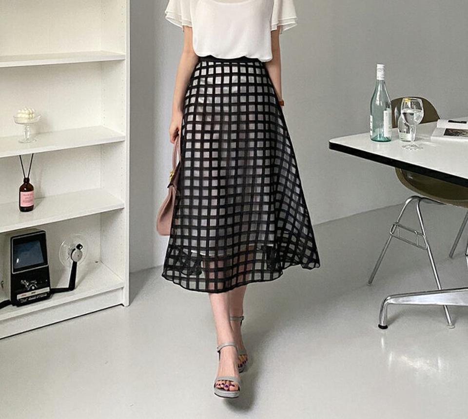 チェックシアースカート・全2色・b68630 レディース 【sk】 スカート ロングスカート ロング チェック柄 シアー シースルー 透け感 ユニーク 個性的 春 夏 秋 韓国 ファッション ハイホリHIHOLLI