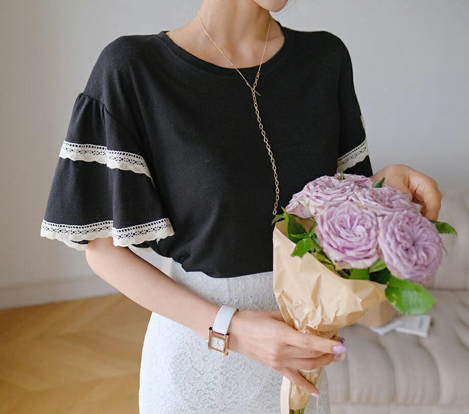 レースフレアスリーブTシャツ・全4色・t62137 レディース 【tops】 韓国 ファッション トップス Tシャツ 半袖 デイリー リネン レース ライン ラウンドネック ルーズ ゆったり スリム 体型カーバー カジュアル 細身 フェミニン 夏 春