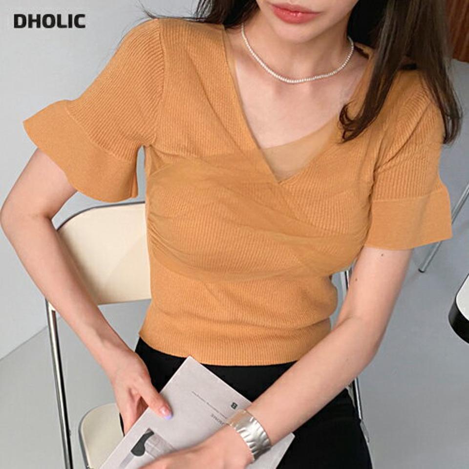 【只今10%OFF】メッシュツイストスリムニット・全3色・t68617 レディース 【tops】【トップス ニット ニットトップス 半袖 リブ メッシュ 透け感 シアー シースルー ツイスト かわいい Vネック 春 夏 韓国 ファッション】【ハイホリHIHOLLI】