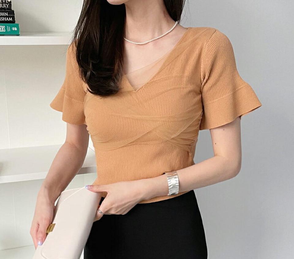 【只今10%OFF】メッシュツイストスリムニット・全3色・t68617 レディース 【tops】【トップス ニット ニットトップス 半袖 リブ メッシュ 透け感 シアー シースルー ツイスト かわいい Vネック 春 夏 韓国 ファッション】【ハイホリHIHOLLI】