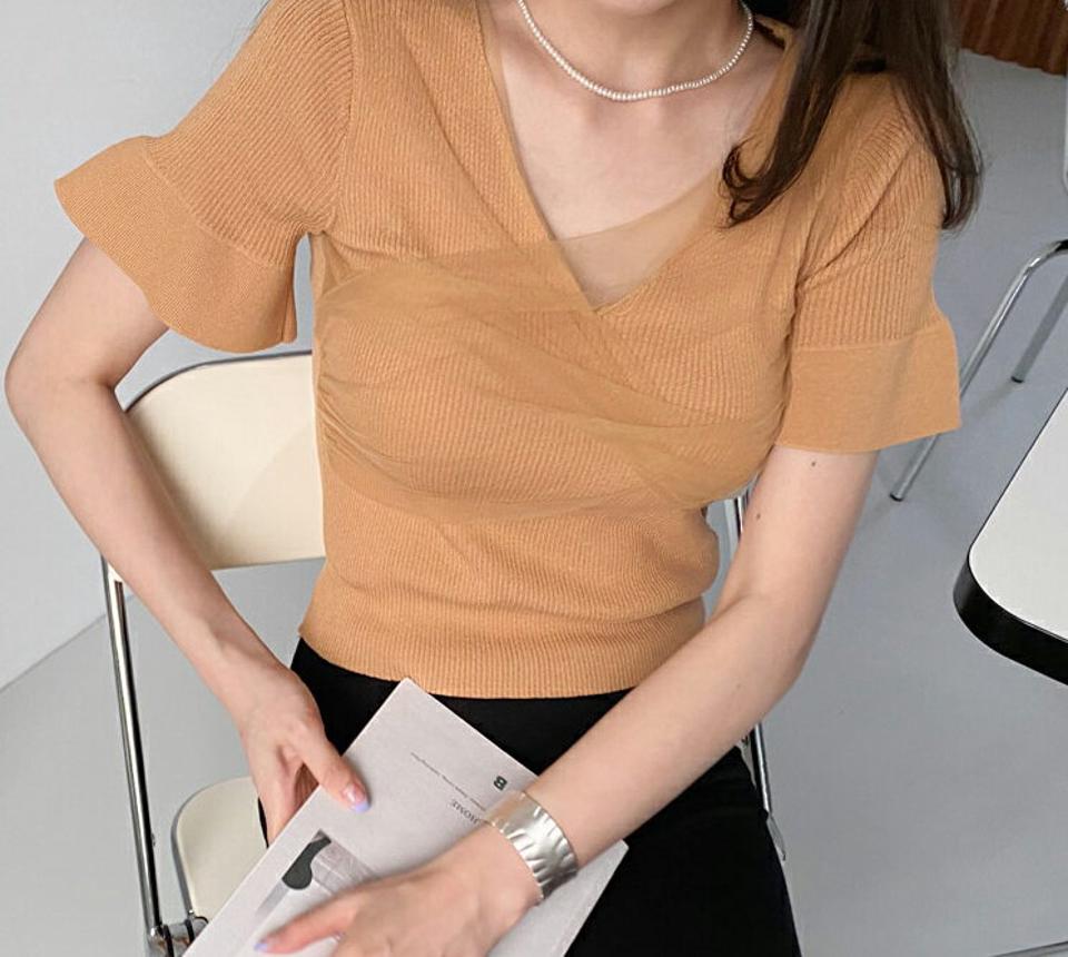 【只今10%OFF】メッシュツイストスリムニット・全3色・t68617 レディース 【tops】【トップス ニット ニットトップス 半袖 リブ メッシュ 透け感 シアー シースルー ツイスト かわいい Vネック 春 夏 韓国 ファッション】【ハイホリHIHOLLI】