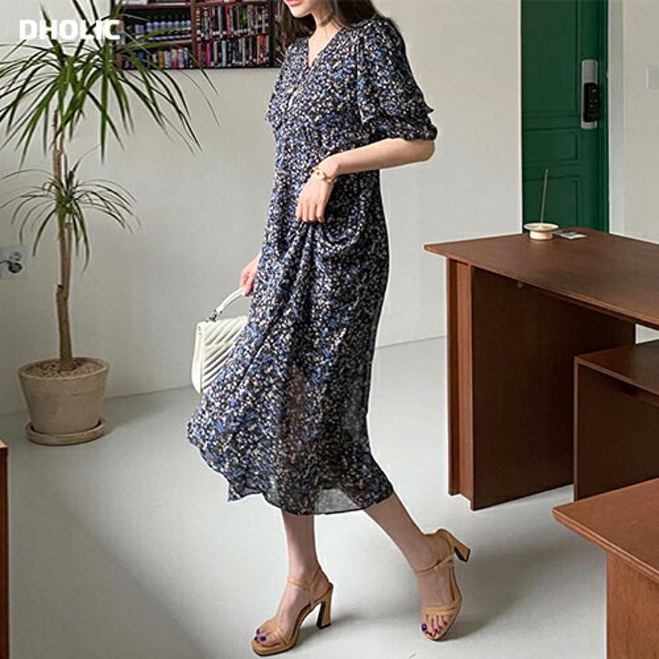 ボタン花柄シフォンワンピース・全2色・b68621 レディース 【ops】【ワンピース ロング 半袖 ハーフスリーブ 花柄 フラワー シフォン 小花柄 可愛い かわいい Aライン Vネック 春 夏 韓国 ファッション】【ハイホリHIHOLLI】