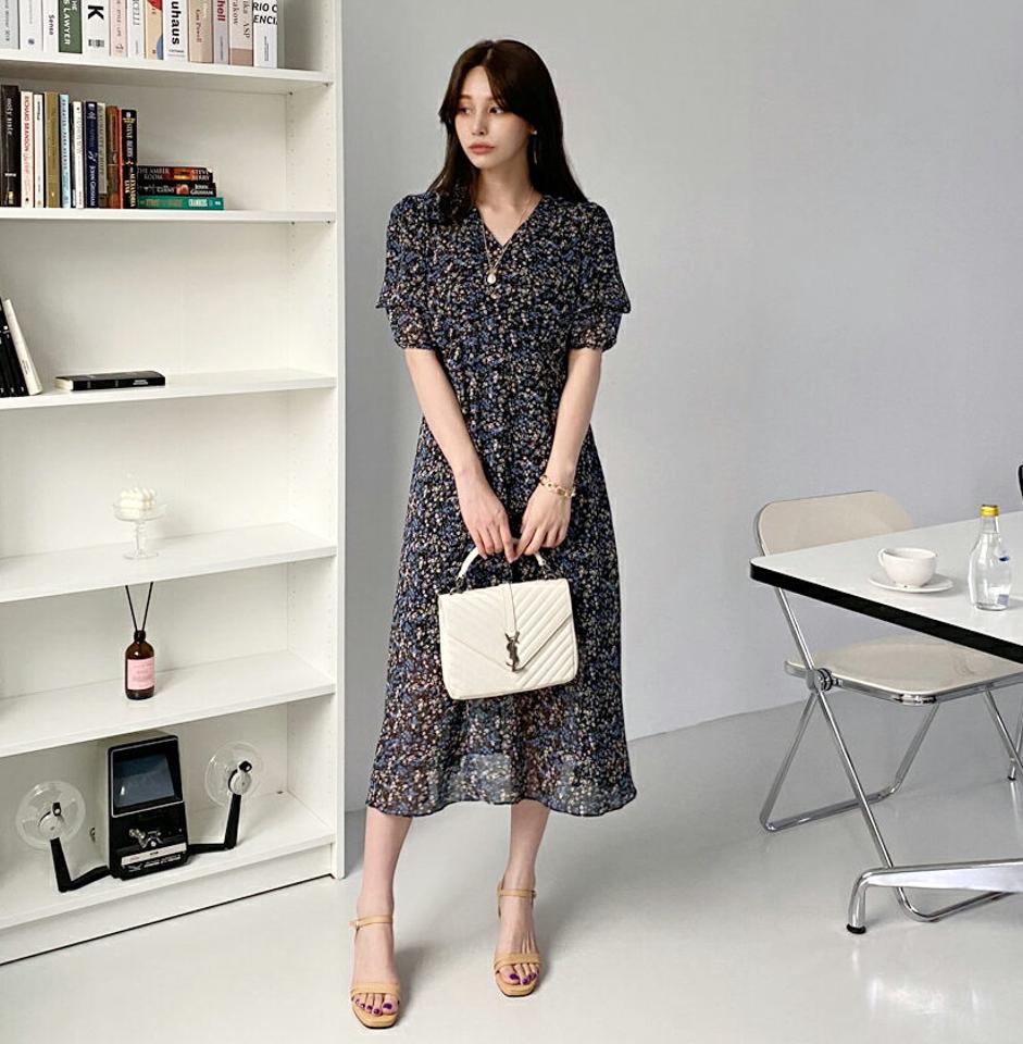 ボタン花柄シフォンワンピース・全2色・b68621 レディース 【ops】【ワンピース ロング 半袖 ハーフスリーブ 花柄 フラワー シフォン 小花柄 可愛い かわいい Aライン Vネック 春 夏 韓国 ファッション】【ハイホリHIHOLLI】
