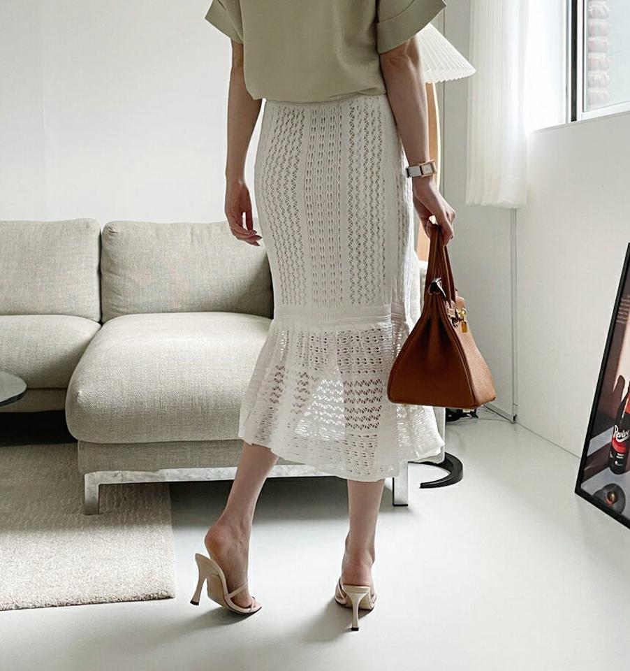パンチングニットスカート・全4色・b68627 レディース 【sk】 スカート ロング ニット パンチング 透け感 シースルー フェミニン 大人 クロシェ 春 夏 秋 韓国 ファッション ハイホリHIHOLLI