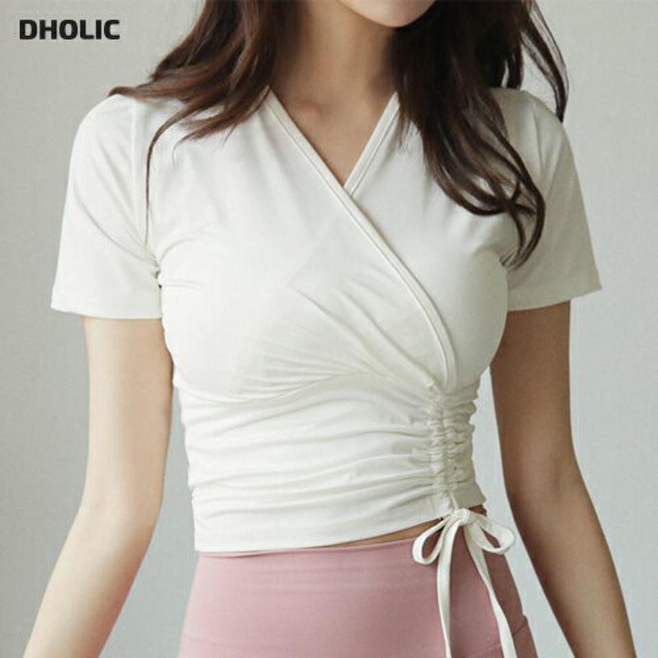 ドロストカシュクールTシャツ・全4色・b44637 レディース 【tops】 韓国 ファッション トップス Tシャツ 半袖 デイリー カシュクール Vネック ギャザー フィットネス スポーツウェア ボディメイク エクササイズ ヨガウェア ランニング 運動 夏 春