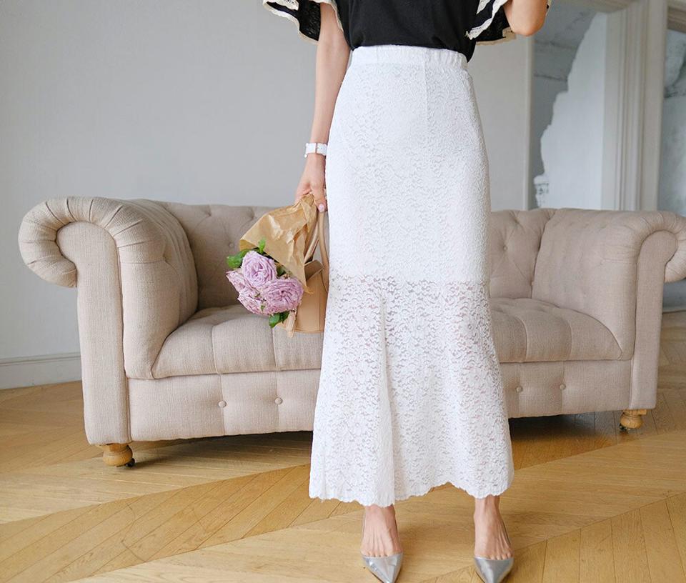 【只今10%OFF】マーメイドレーススカート・全2色・t62166 レディース 【sk】 韓国 ファッション ボトムス スカート ロング ロングスカート フェミニン 花柄 フラワー パターン マーメイド オールレース レース 体型カバー 細身 スリム フィット 夏 春