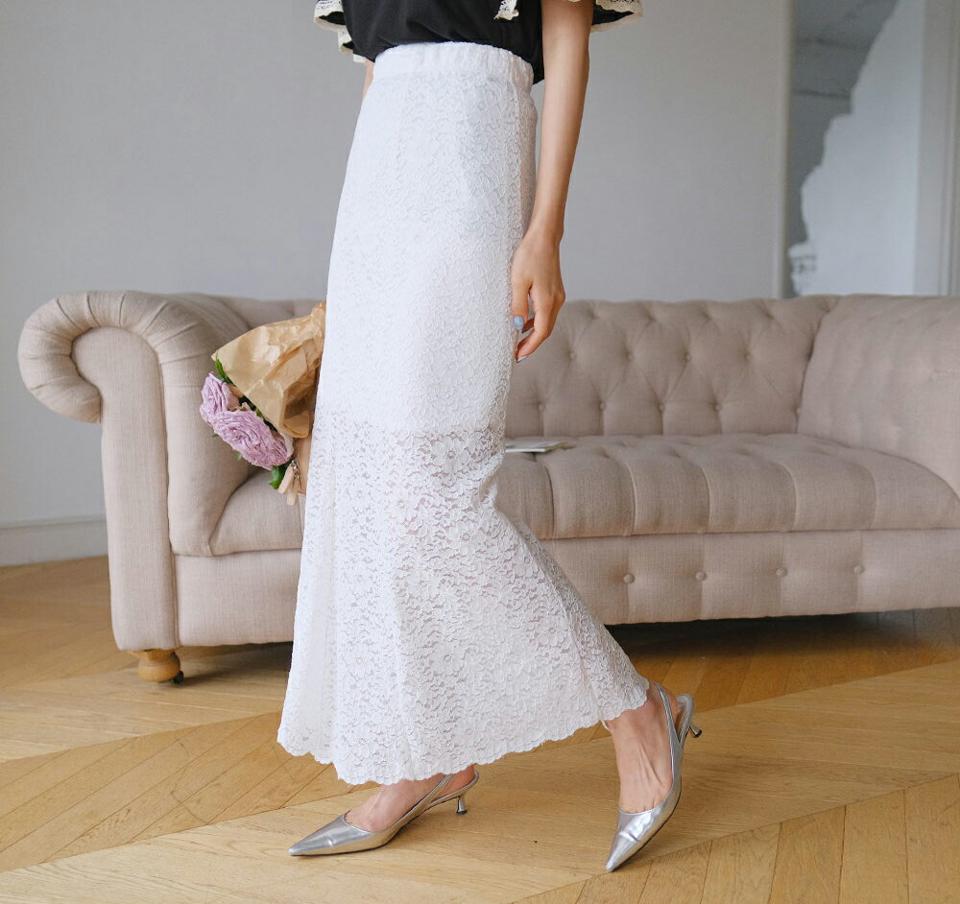 【只今10%OFF】マーメイドレーススカート・全2色・t62166 レディース 【sk】 韓国 ファッション ボトムス スカート ロング ロングスカート フェミニン 花柄 フラワー パターン マーメイド オールレース レース 体型カバー 細身 スリム フィット 夏 春