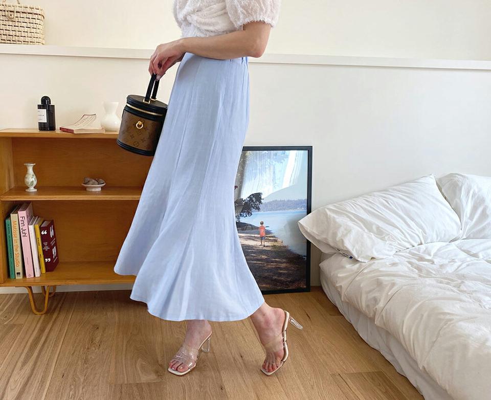 リネン混マーメイドスカート・全4色・t63826 レディース 【sk】 韓国 ファッション ボトムス スカート ロング ロングスカート フェミニン リネン マーメイド ゴム 体型カバー 細身 スリム フィット ベーシック 無地 夏 春