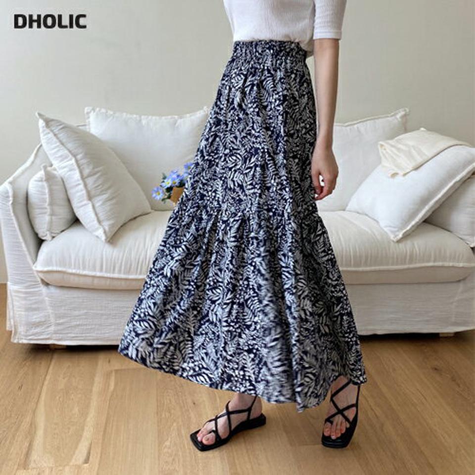 リーフパターンフレアスカート・全2色・b63829 レディース 【sk】 韓国 ファッション ボトムス スカート ロング ロングスカート フェミニン リーフ パターン フレア ギャザー Aライン 体型カバー 細身 スリム 夏 春