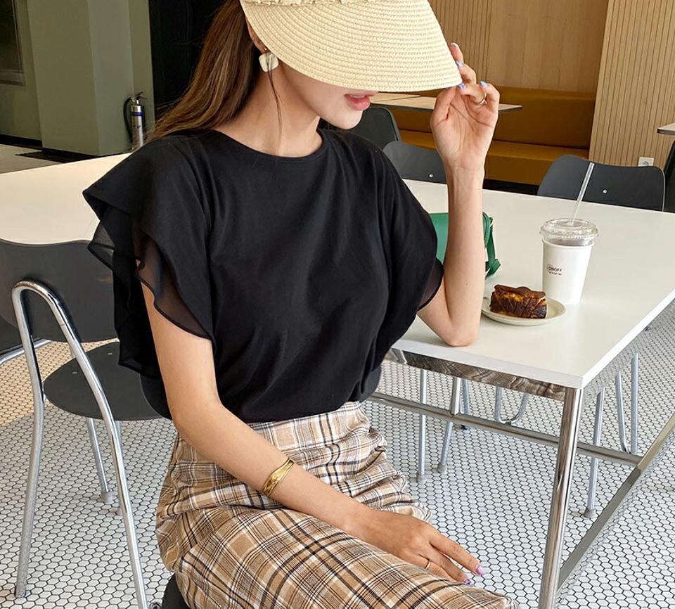 シフォンフリルスリーブTシャツ・全5色・b63848 レディース 【tops】【韓国 ファッション トップス Tシャツ 半袖 フリル シフォン ショートスリーブ ラウンドネック フリル カジュアル 細身 体型カーバー 夏 春】