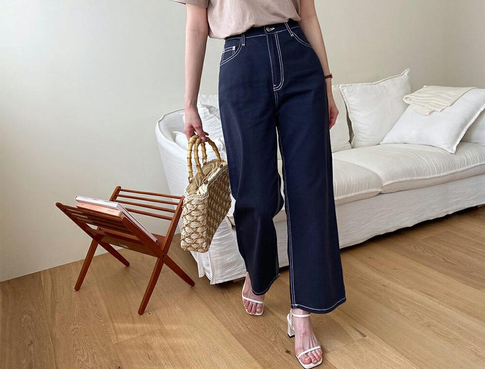 ステッチハイウエストパンツ・全2色・t63830 レディース 【pt】 韓国 ファッション ボトムス ロング ロングパンツ 美脚 ステッチ スリム デイリー 足長 ストレート ワイド 大人 10分丈 体型カーバー 細身 夏 春