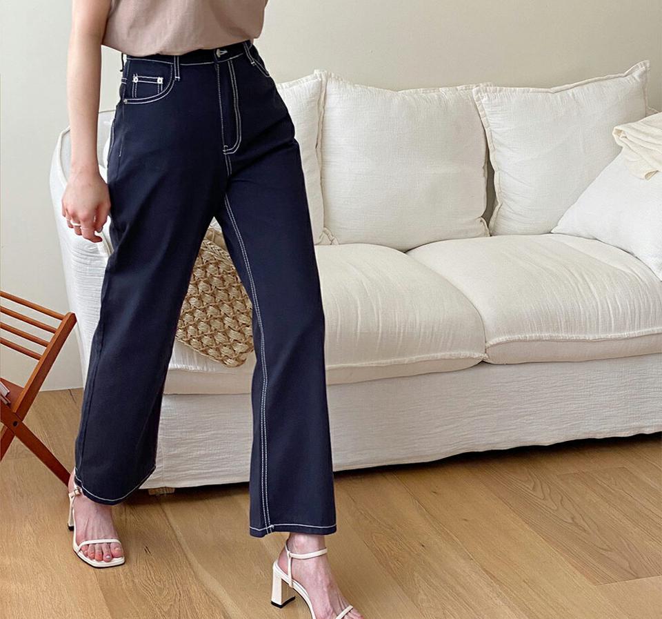 ステッチハイウエストパンツ・全2色・t63830 レディース 【pt】 韓国 ファッション ボトムス ロング ロングパンツ 美脚 ステッチ スリム デイリー 足長 ストレート ワイド 大人 10分丈 体型カーバー 細身 夏 春