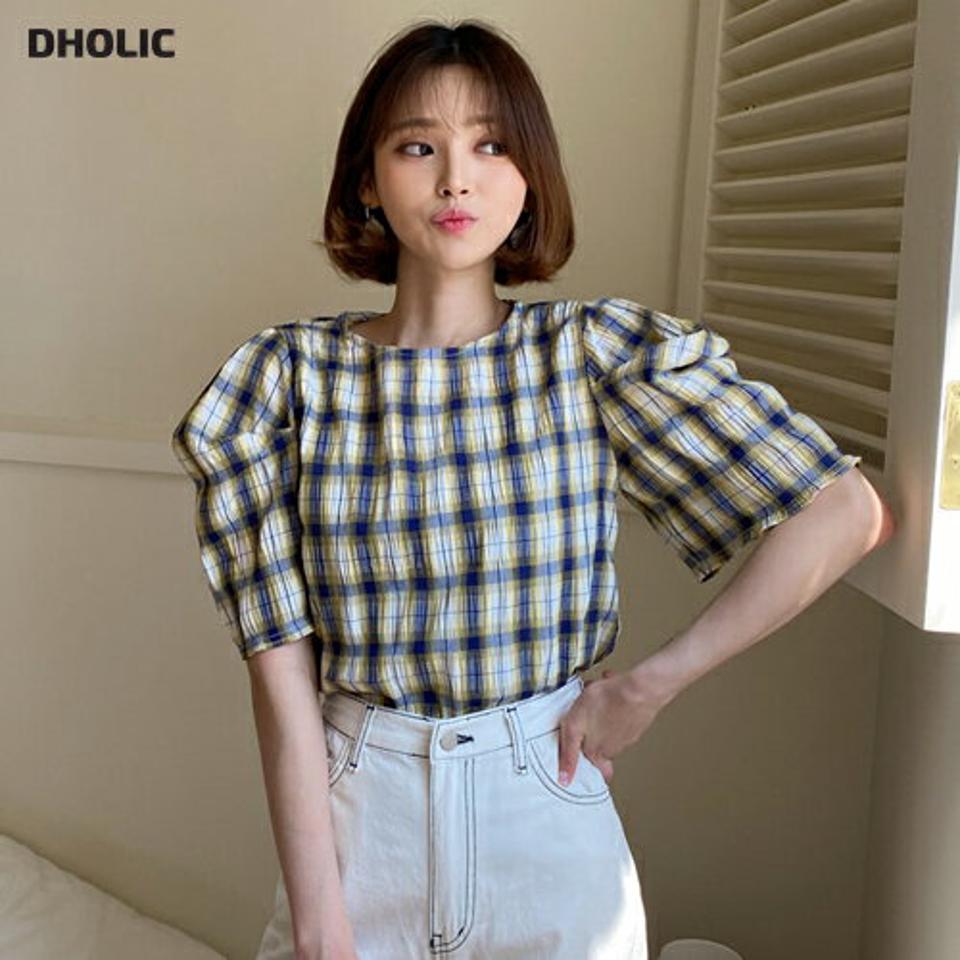 2TYPEリンクルパフブラウス・全3色・t63854 レディース 【bl】 韓国 ファッション トップス ブラウス 半袖 パフスリーブ 無地 チェック リンクル ラウンドネック 7分丈袖 フェミニン ボリューム 体型カバー スリム 細身 夏 春