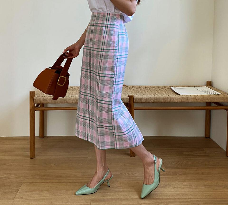 Hラインロングチェックスカート・全3色・t63825 レディース 【sk】 韓国 ファッション ボトムス スカート ロング ロングスカート フェミニン ガーリー チェック ゴム Hライン 体型カバー 細身 スリム フィット 夏 春