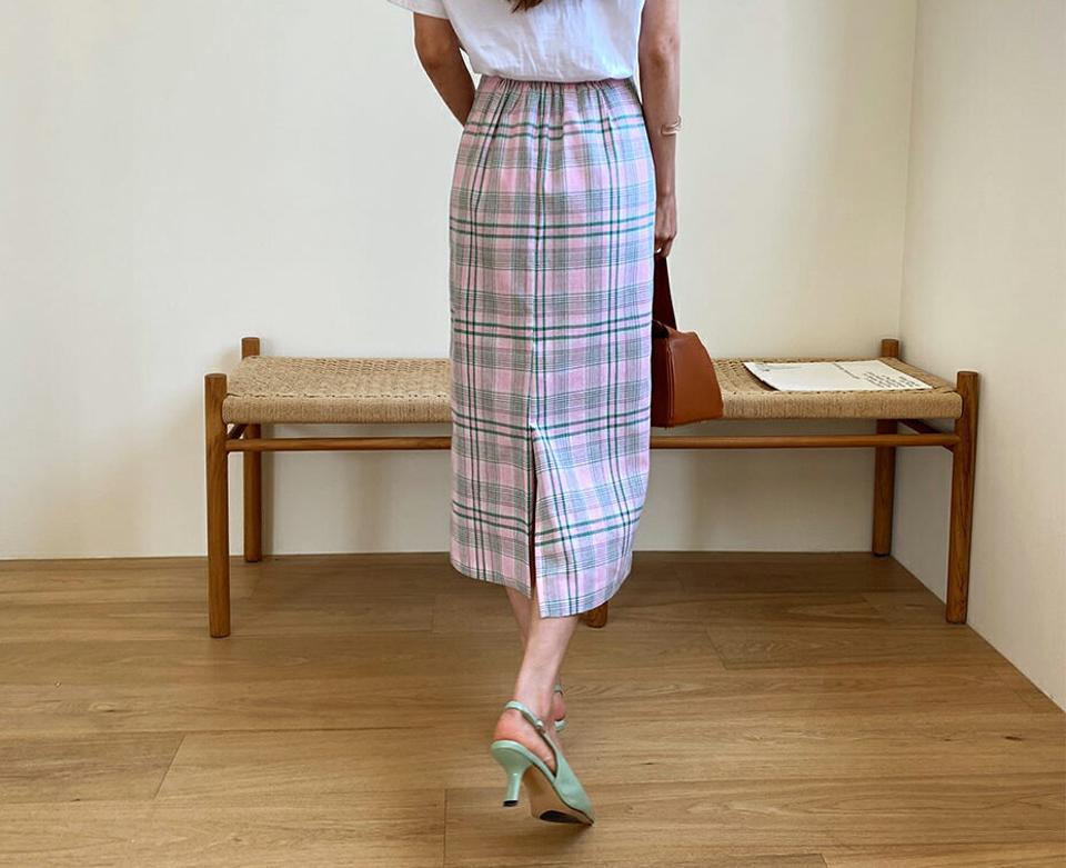 Hラインロングチェックスカート・全3色・t63825 レディース 【sk】 韓国 ファッション ボトムス スカート ロング ロングスカート フェミニン ガーリー チェック ゴム Hライン 体型カバー 細身 スリム フィット 夏 春