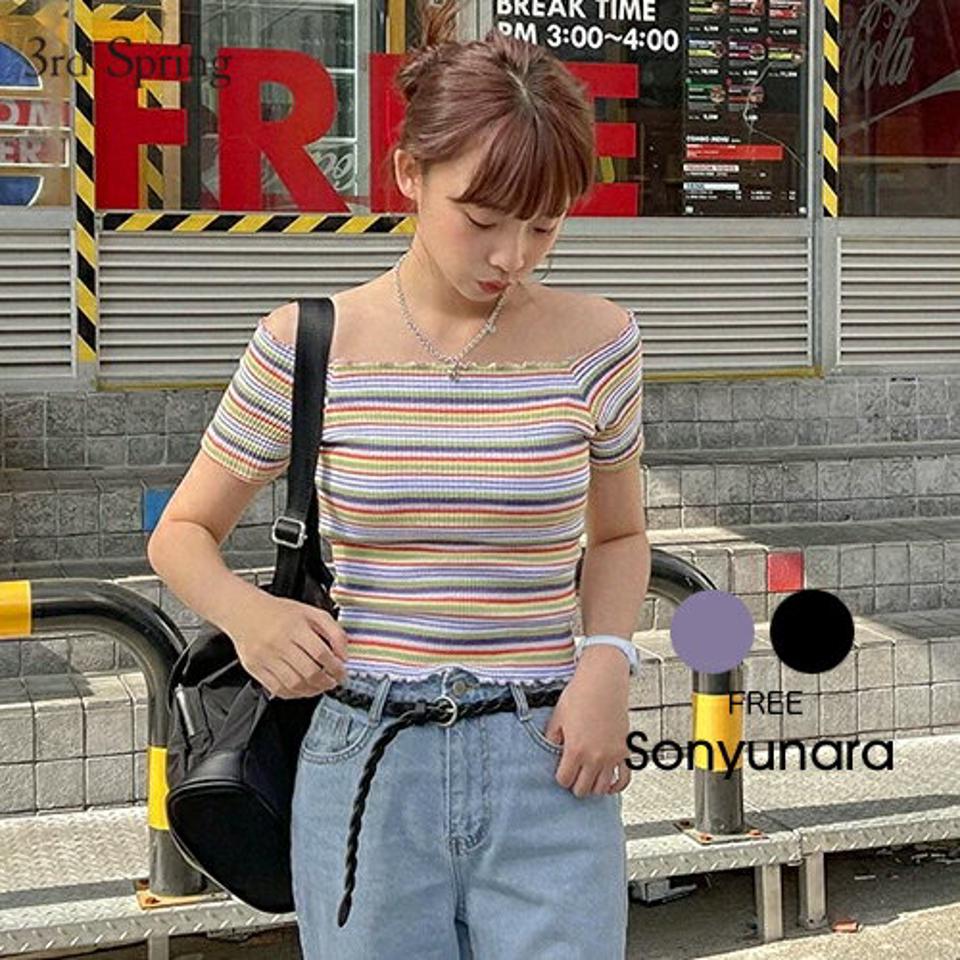 SONYUNARA(ソニョナラ)レトロオフショルダー半袖Tシャツ【5/28up_ka】韓国 韓国ファッション オフショルダー 半袖 Tシャツ カットソー オフショルダー マルチボーダー レインボー クロップ ショート丈【5】