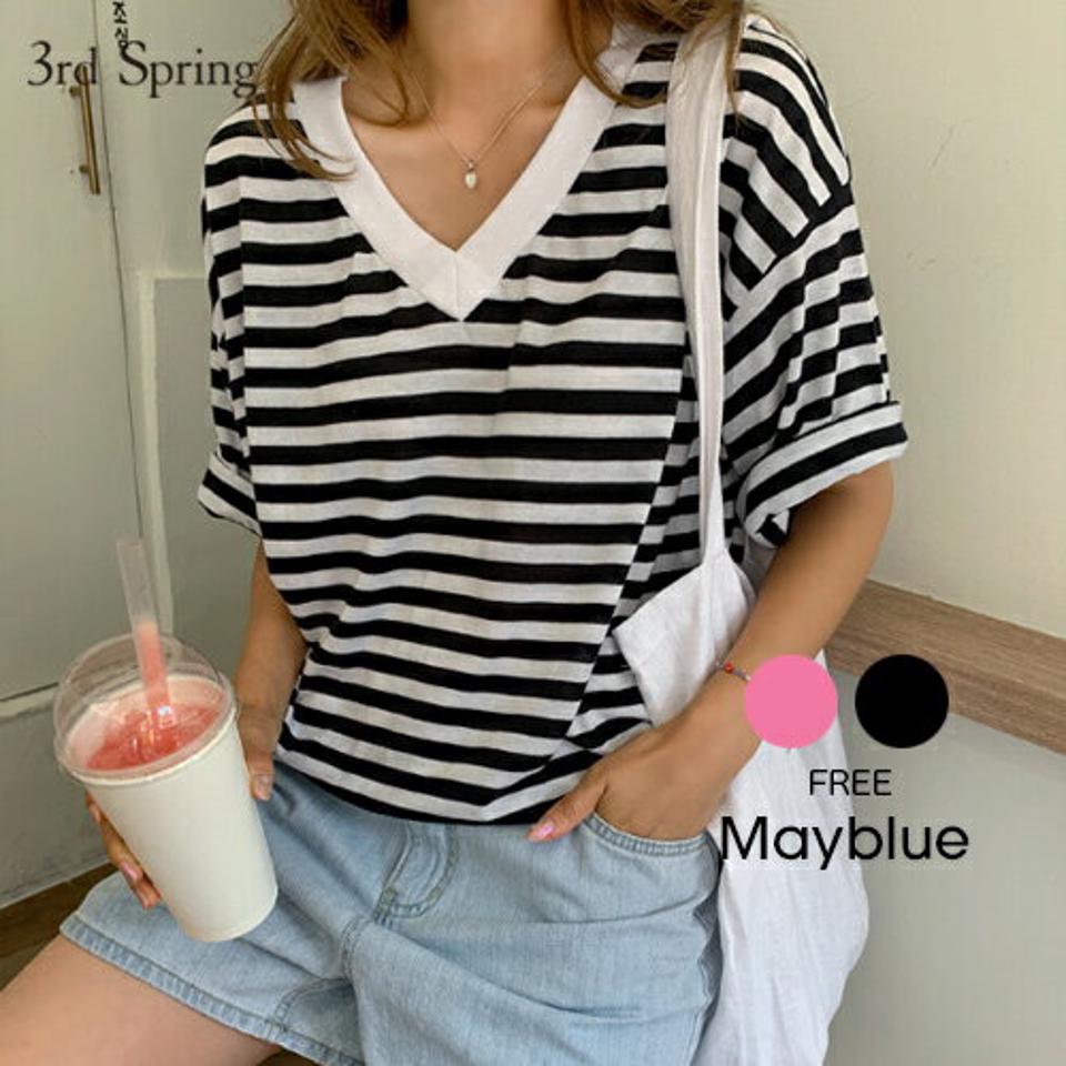 MAYBLUE(メイブルー)ボーダー柄バックロゴTシャツ【5/28up_ka】ボーダー トップス Tシャツ ゆったり 体型カバー ロゴ 韓国 レディース 送料無料【5】