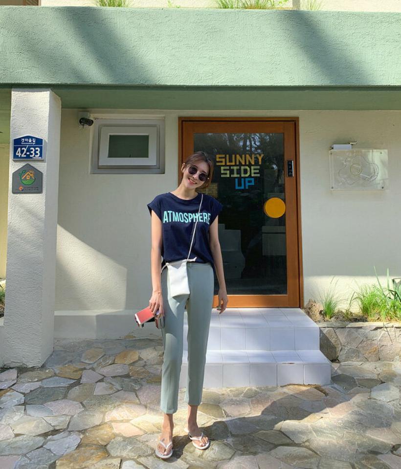 MAYBLUE(メイブルー)ロールアップフレンチスリーブTシャツ【5/27up_ka】【mayblueピックアップ】フレンチスリーブ 半袖 ノースリーブ 韓国 レディース プリント メッセージ トップス Tシャツ【5】