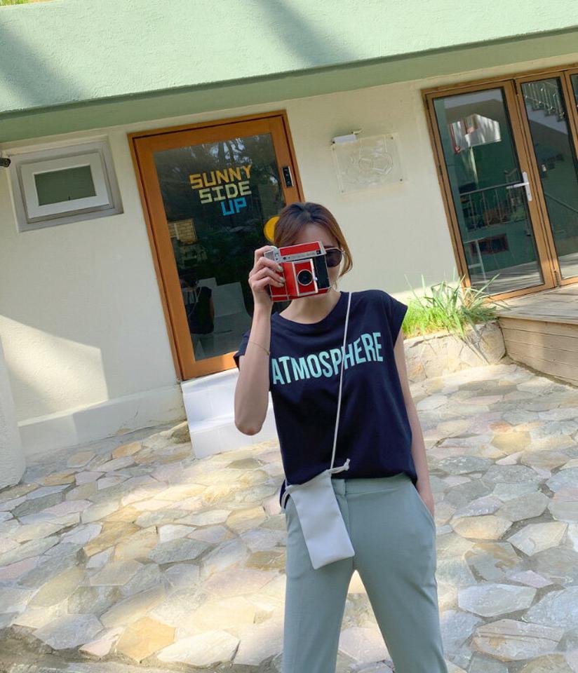 MAYBLUE(メイブルー)ロールアップフレンチスリーブTシャツ【5/27up_ka】【mayblueピックアップ】フレンチスリーブ 半袖 ノースリーブ 韓国 レディース プリント メッセージ トップス Tシャツ【5】