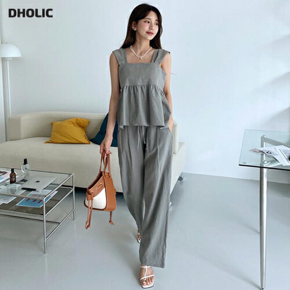 リネンフリルスリーブレス&パンツSET・全3色・t65429 レディース 【pt】 韓国 ファッション ボトムス ロング ロングパンツ 美脚 セットアップ スリーブレス ワイド フレア 足長 ストレート 大人 10分丈 体型カーバー 細身 夏 春