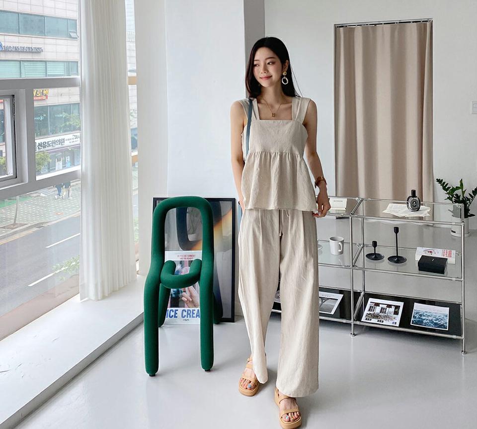 リネンフリルスリーブレス&パンツSET・全3色・t65429 レディース 【pt】 韓国 ファッション ボトムス ロング ロングパンツ 美脚 セットアップ スリーブレス ワイド フレア 足長 ストレート 大人 10分丈 体型カーバー 細身 夏 春