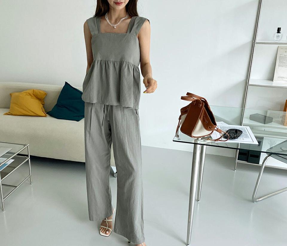 リネンフリルスリーブレス&パンツSET・全3色・t65429 レディース 【pt】 韓国 ファッション ボトムス ロング ロングパンツ 美脚 セットアップ スリーブレス ワイド フレア 足長 ストレート 大人 10分丈 体型カーバー 細身 夏 春