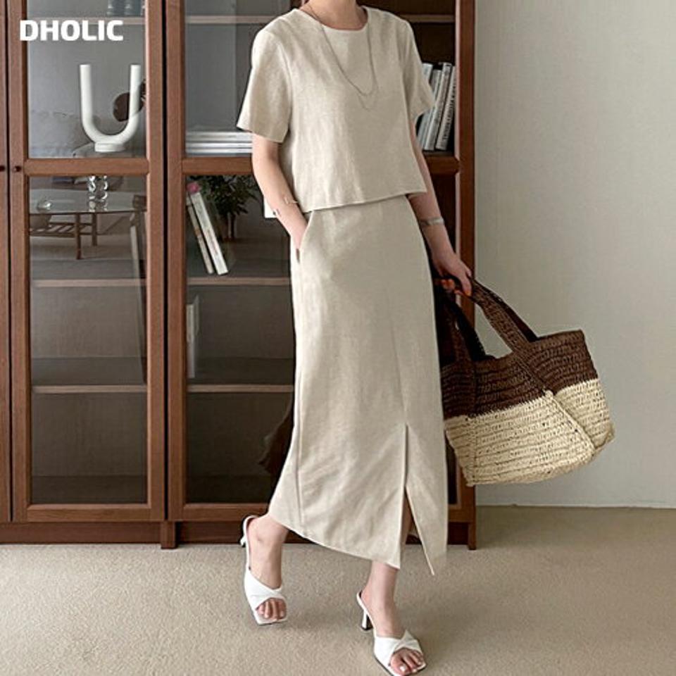 【只今10%OFF】ツーボタンブラウス&スカートSET・全2色・t68731 レディース 【sk】 セットアップ setup トップス ブラウス 半袖 ハーフスリーブ ロング スカート 単色 無地 シンプル カジュアル ラフ リネン 春 夏 韓国 ファッション ハイホリHIHOLLI