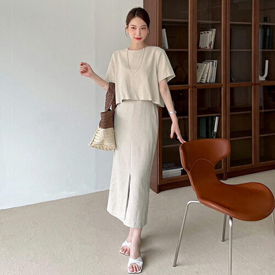 【只今10%OFF】ツーボタンブラウス&スカートSET・全2色・t68731 レディース 【sk】 セットアップ setup トップス ブラウス 半袖 ハーフスリーブ ロング スカート 単色 無地 シンプル カジュアル ラフ リネン 春 夏 韓国 ファッション ハイホリHIHOLLI